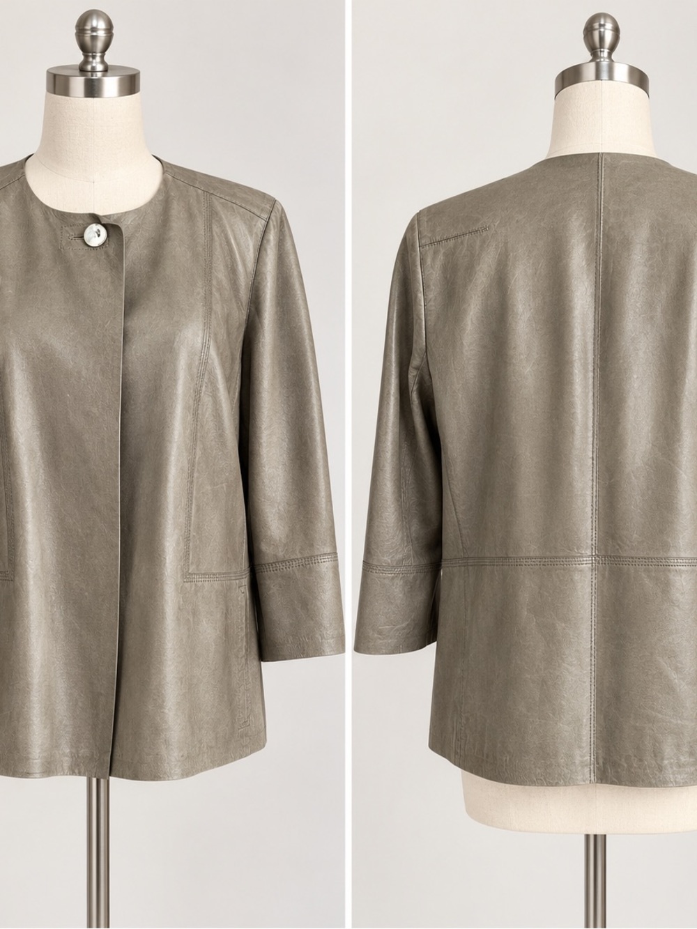Lafayette 148 New York Olive Gray Collarless Leather Jacket